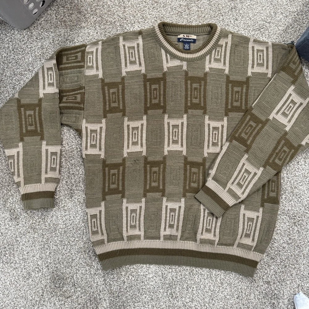 Vintage 90s‎ Geometric Pattern Knit Crewneck Pullover Grandpa Sweater Size Large